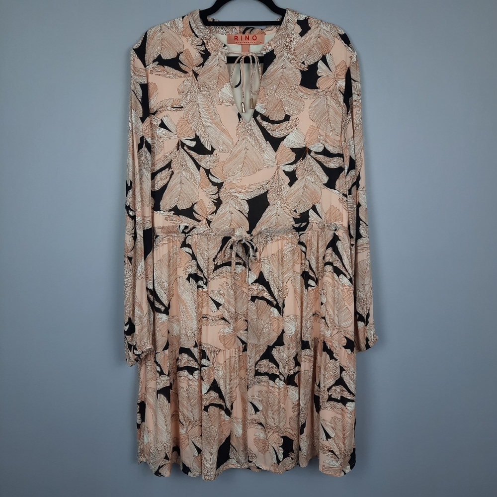 Rino & Pelle Savana Peach and Black Tropical Leaf Print Peasant Dress EU size 42